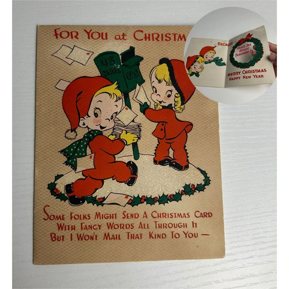 Vintage 1946 Christmas Greeting Card Retro Peek-Through Novelty Art Decor Unused